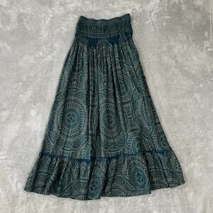 Paisley Smocked Tiered Maxi Skirt Womens XS/S Turqoise Boho Resort